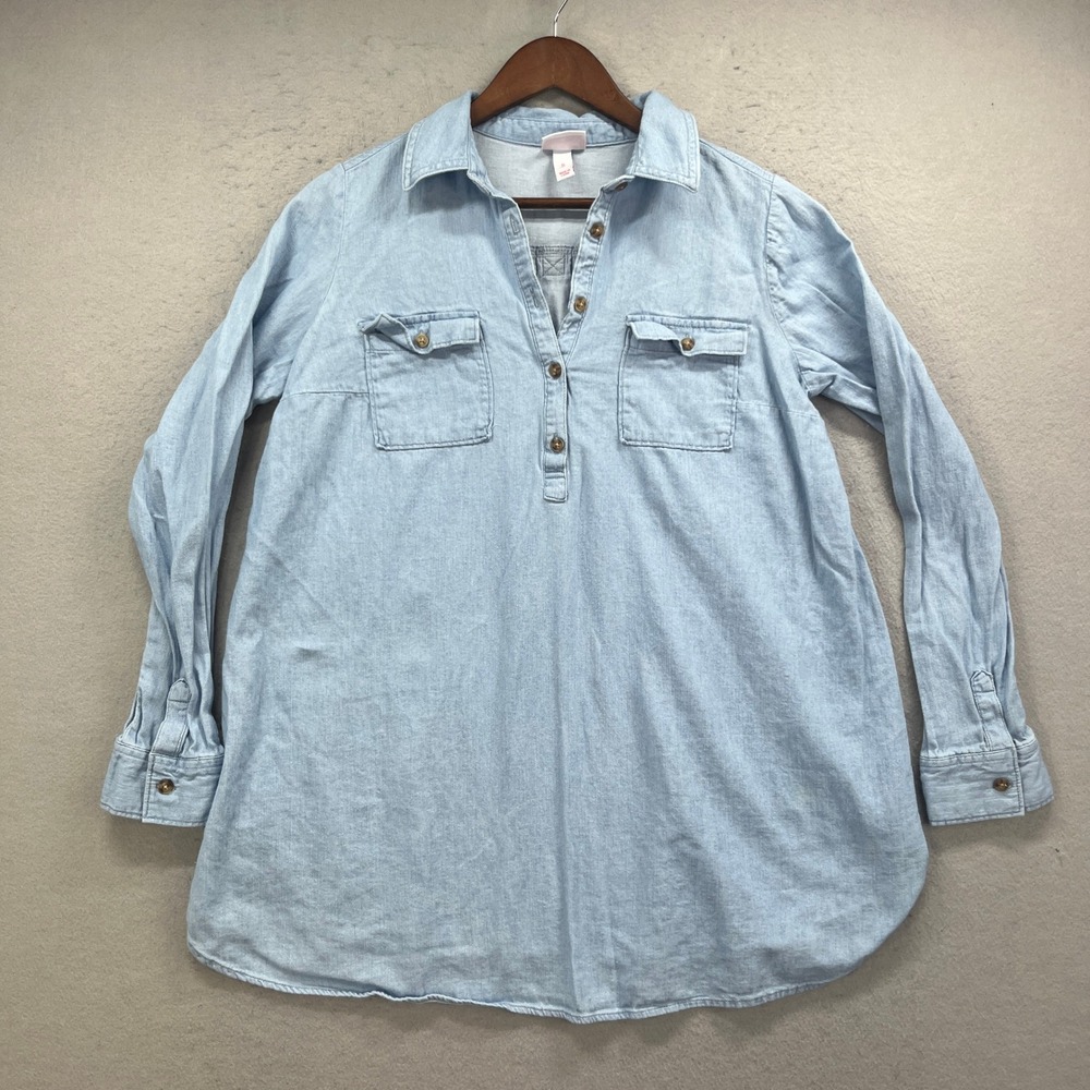 Isabel Maternity Tunic Top Women S Blue Linen Blend Henley Popover Chambray